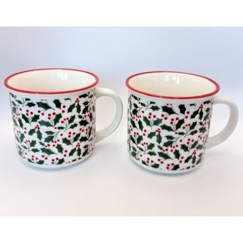 Set of 2 Carraig Donn Christmas Mugs Holly Leaves & Berries Made in Ireland